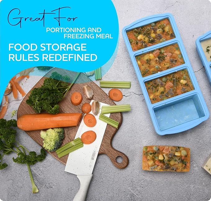 Silicone Freezer Trays with Lid,1-cup Soup Freezer Container large Ice Cube Molds with Reinforced Steel Ring Top for freezing Soup Sauce Broth Leftovers oven Dishwasher -Safe(2-Pack)