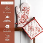 Maison d' Hermine 100% Cotton Oven Mitt & Pot Holder Set (7.5"x13" & 8"x8") Heat Resistant BBQ Cooking Gloves with Loop, Baking, Grilling, Kitchen, Handling Hot Pans (Holy Jouy - Red)