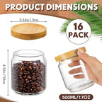 Irenare 16 Pcs 17 oz/ 500 ml Glass Canister Food Airtight Sealed Clear Borosilicate Glass Storage Jars with Lids Kitchen Spice Containers for Serving Coffee Sugar Tea Beans Candy Nuts Pantry (Bamboo)