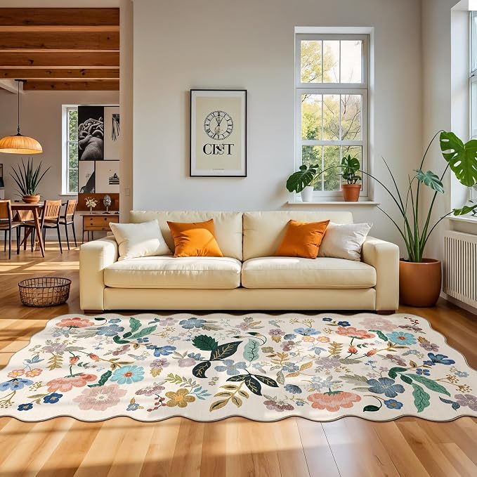 Hallway 4x10 Washable Area Rugs: Indoor Floral Scalloped Rug - Image 2