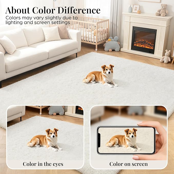 PLHXFR 4x6 Area Rugs Living Room: Fluffy Bedroom Rug Shag Carpet White | - Image 6
