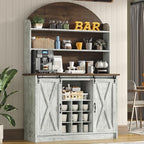 4 EVER WINNER Coffee Bar with 3-Tier Storage, 67" Coffee Bar Cabinet with Sliding Barn Doors & Wine Rack, Kitchen Hutch Cabinet for Living Room, Dining Room, Grey