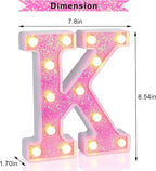 Foaky Pink Light up Letters，Pink Party Decorations,Girls Room Decor,Glitter Light Up Letters,Alphabet Letter Sign for Night Light Birthday Party Girls Gifts, Home Bar Decoration（K）