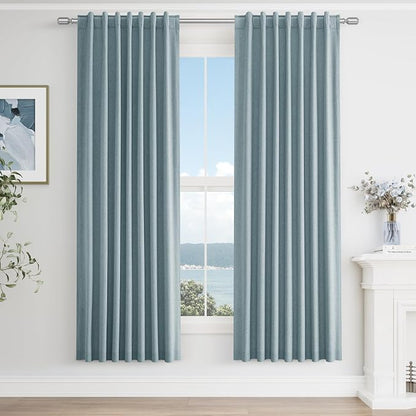 Blue 100% Blackout Linen Curtains 72 Inch Length 2 Panels Set by Guken
