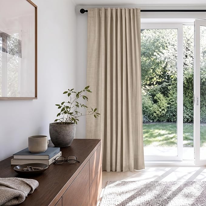 Linen Textured Total Blackout Sliding Door Curtains 96 Inches Long, Oatmeal | - Image 6