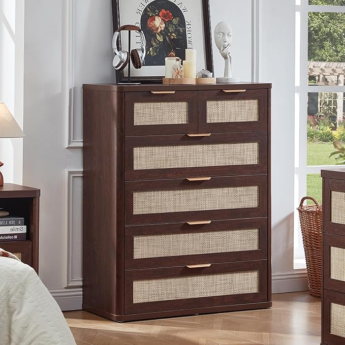 LEYAOYAO Dresser for Bedroom, Modern 6 Drawers Boho Rattan Dressers - Image 5