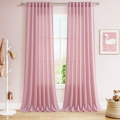Rose Linen Curtains 90 Inch Long 2 Panels Set Back Tab Rod Pocket Semi Sheer by Nanspring