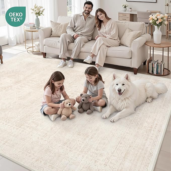 4x6 Area Rugs Living Room: Bedroom Neutral Washable Carpet Beige | Large - Image 8