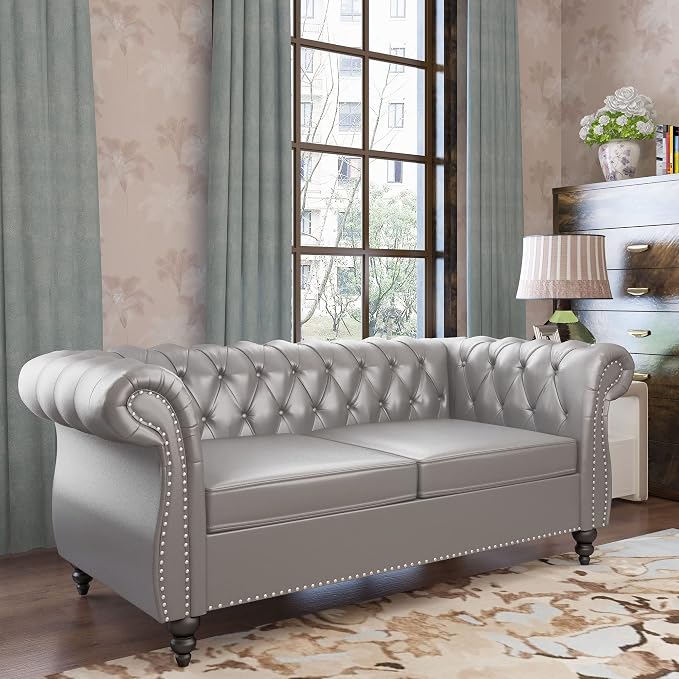 ORRD 2 Piece Living Room Set, Chesterfield Leather Sofa Couch Chair - Image 6