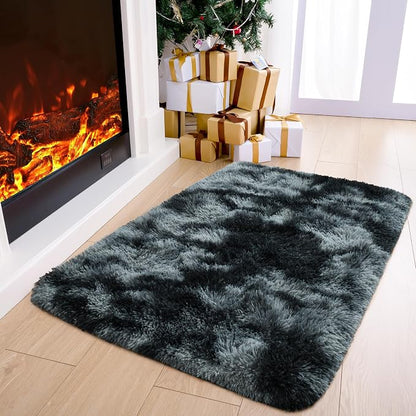 2x3 Tie-Dyed Black and Grey Fluffy Area Rug Non-Slip - Image 2