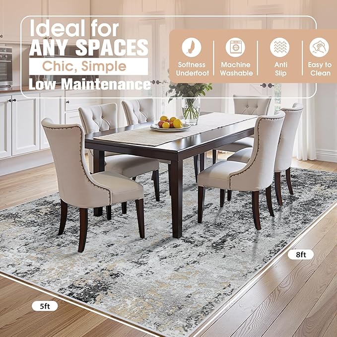 5x8 Area Rugs for Living Room Washable Bedroom Dining Room Black Grey Gold | - Image 2