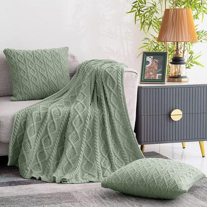 Homiest Cable Knit Throw Blanket and Pillow Set, Sage Green Set of 3, Knitted - Image 3