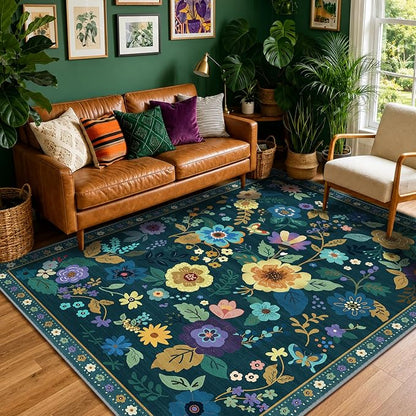 RELEANY Floral Washable 8x10 Area Rugs Teal/Purple | Flower Carpet Print Boho - Image 9