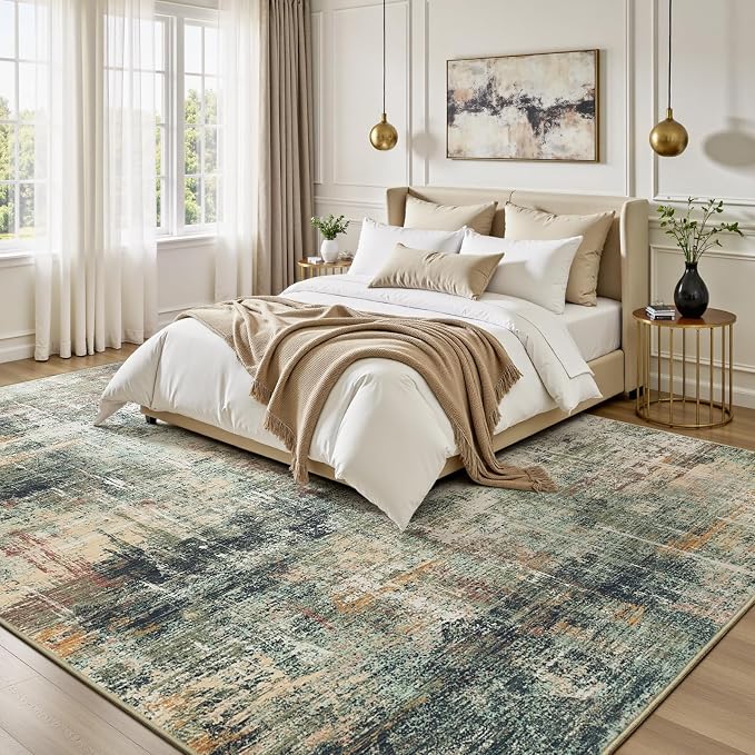5x7 Area Rug for Living Room, Abstract Washable Non-Slip Rugs, Coffee/Green | - Image 2