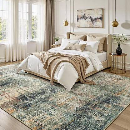 5x7 Area Rug for Living Room, Abstract Washable Non-Slip Rugs, Coffee/Green | - Image 2