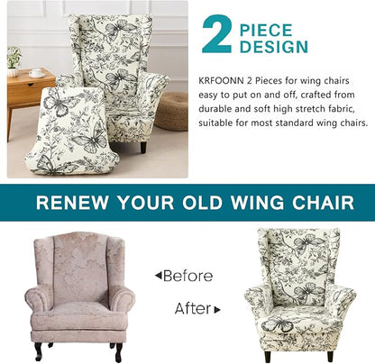 KRFOONN Velvet Wing Chair Slipcovers 2 Piece Stretch Printed Wingback Chair - Image 4