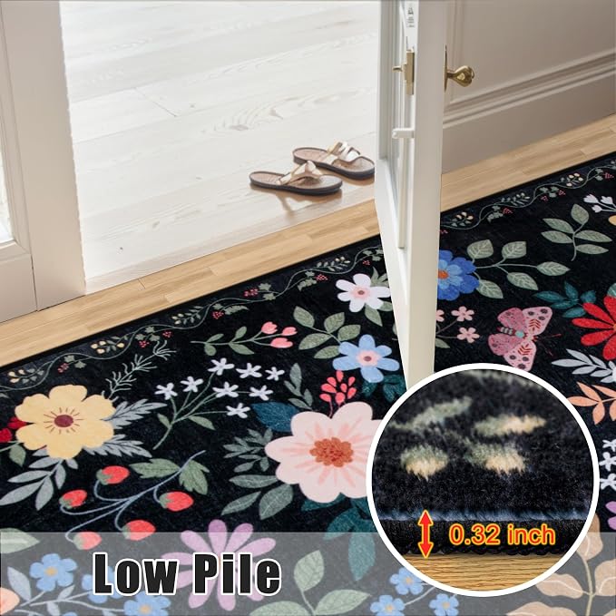 PLHXFR 8x10 Area Rug Living Room: Floral Washable Boho Soft Carpet Black | - Image 8