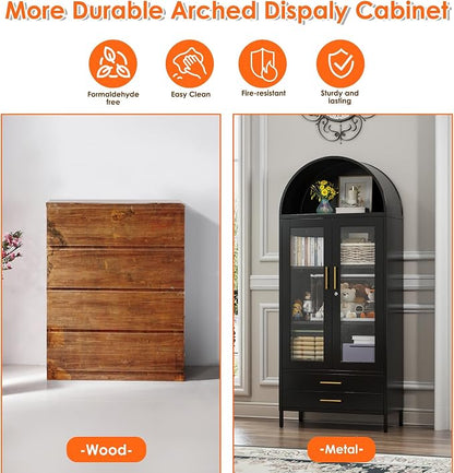 73" Tall Display Cabinet with Glass Doors and 2 Drawers, Metal Arched Cabinet - Image 4