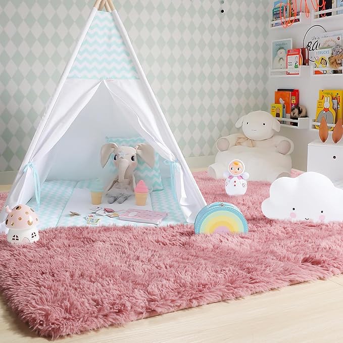 Amdrebio Blush Pink Fluffy Kids Area Rug 5x7 - Image 7
