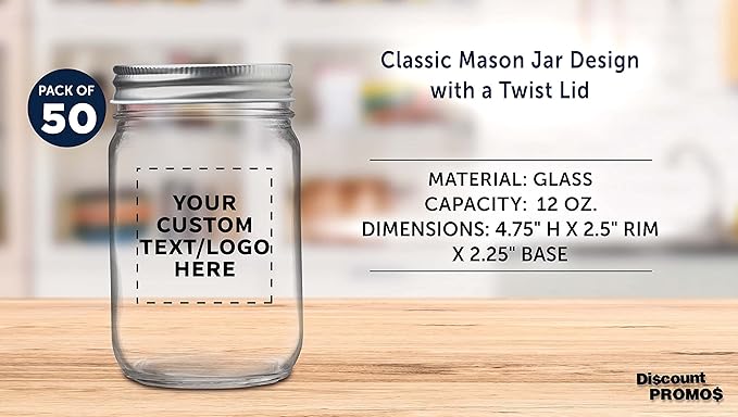DISCOUNT PROMOS 50 Decorating Mason Jars Set, 12 oz. - Customizable Text, Logo - Canning, Aluminum Lid - Clear