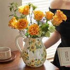 Vintage Vase with Handle, 7.6 Inch Ceramic Pitcher Sunflower Floral Vase, Rustic Farmhouse Vases for Grandma Core Home Decor, Bookshelf Office Tuscan Decor (Large Teapot)