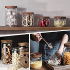 960ML/32Oz Clear Cute Glass Storage Canister Holder with Stackable Airtight Wood Lid, Modern Decorative Container Jar for Coffee, Spice, Candy, Salt, Cookie, Condiment, Pepper, Sugar