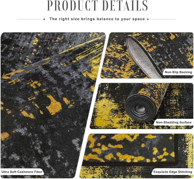2x5 Washable Runner Rug：Modern Abstract Soft Carpet Black Gold | - Image 5