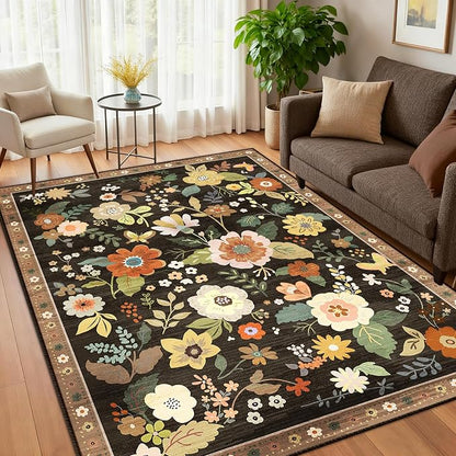 RELEANY Floral Washable 3x5 Area Rugs Black/Yellow | Flower Carpet Print Boho - Image 6