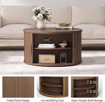 JOINICE 31.5" Round Lift Top Coffee Table, Mid Century Modern Walnut Center - Image 3