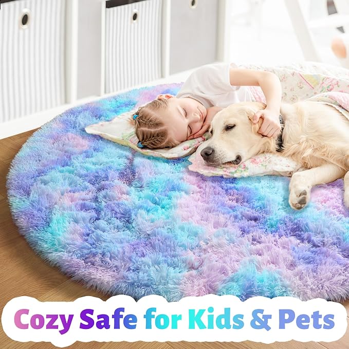 Amdrebio Purple Rainbow Mermaid Shag Round Rug 4Ft - Image 3