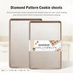 Baking Sheet Pan Set of 2, Cookie Sheets for Oven, Nonstick Half/Quarter/Jelly Roll Pans with Diamond Texture Pattern, 0.8mm Thick Heavy Duty Cookie Tray, Champagne Gold（17.5 * 11.8 * 1inch）