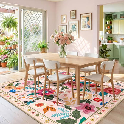 RELEANY Floral Washable Square 6ft Area Rug Pink | Flower Carpet Print Boho - Image 8