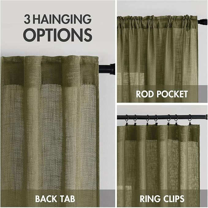 MIULEE Light Olive Green Linen Curtains 52x54 Inch 2 Panels - Image 3