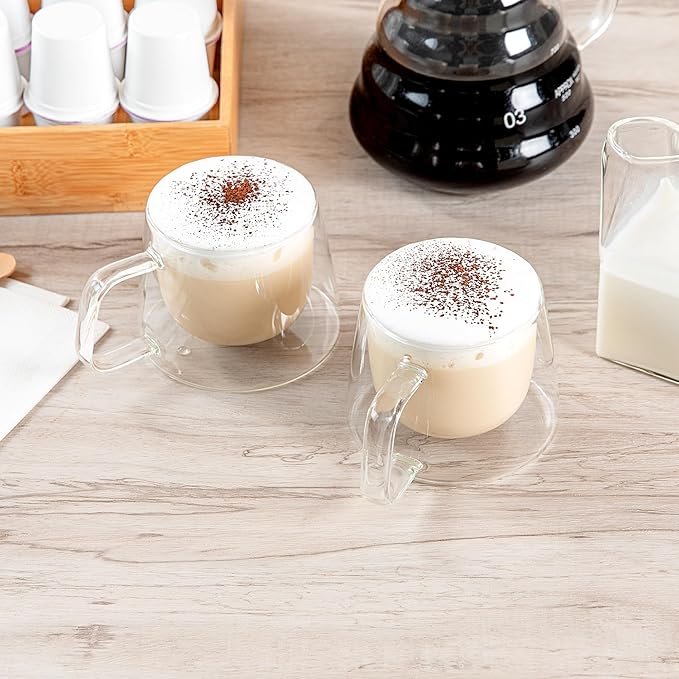Restaurantware-Forma Professional 6.8 Ounce Double Wall Coffee Mugs, 12 Insulated Coffee Mugs With Handle - Dishwashable, Reusable, Clear Glass Beverage Cups, Freezable, For Hot Or Cold Beverages