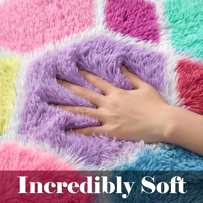 Checkered 6x9 Area Rugs for Living Room, Fluffy Pink Rainbow Girls Rug | Soft - Image 2