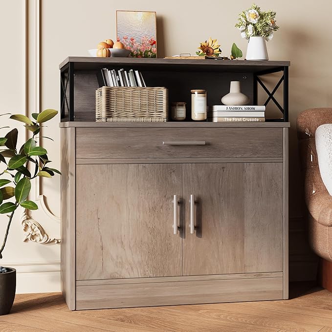 Vongrasig Sideboard Buffet Cabinet with Storage, 32” Modern Kitchen Storage Cabinet with Open Storage, Adjustable Shelf, Wood Farmhouse Coffee Bar Buffet Table for Kitchen, Dining Room, Ash Grey