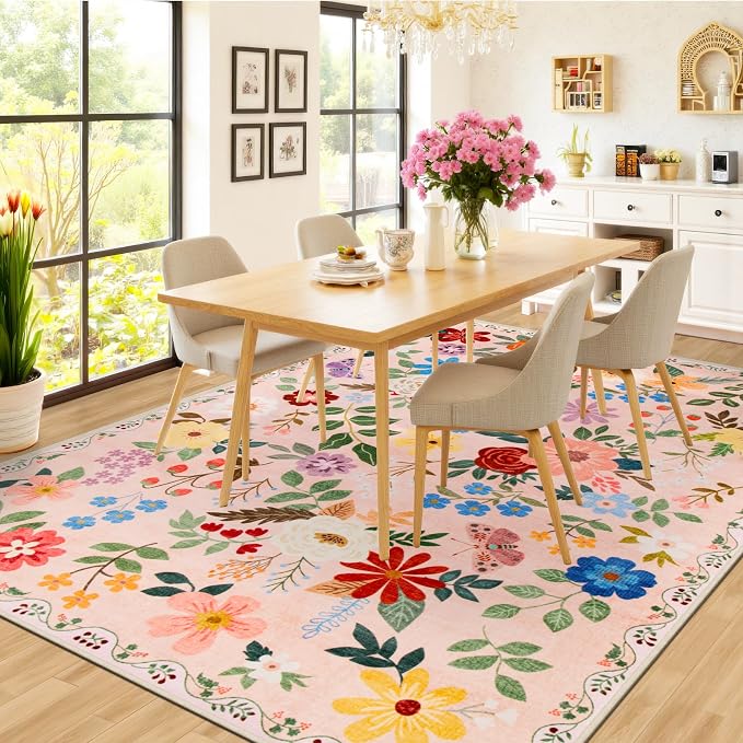 PLHXFR Area Rug 10x14 Living Room: Floral Washable Boho Soft Carpet Beige | - Image 4