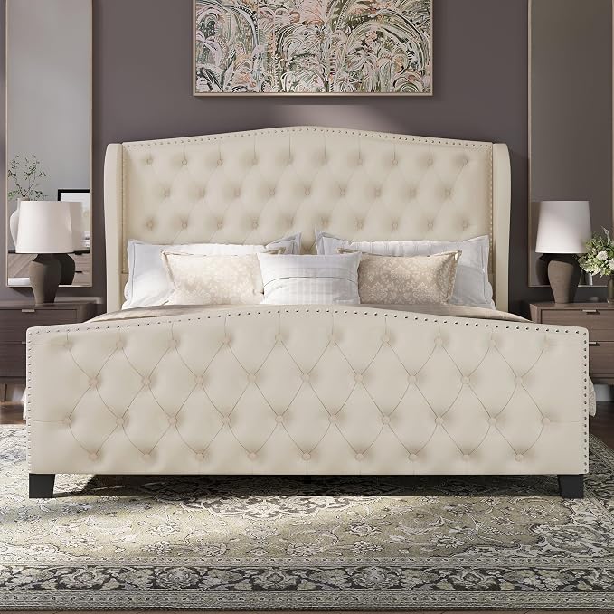 BRELTAM Upholstered Queen Size Bed Frame Velvet Beige Tufted Platform Bed Frame - Image 9