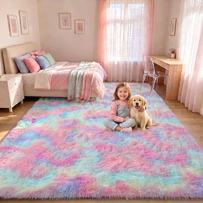Rainbow Area Rugs for Living Room, 5x8 Fluffy Girls Bedroom Rug, Indoor Ultra - Image 3
