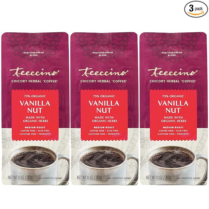 Teeccino Vanilla Nut Chicory Coffee Alternative - 11 Ounce - Ground Herbal Coffee That’s Prebiotic, Caffeine Free & Acid Free, Medium Roast, (Pack of 3)