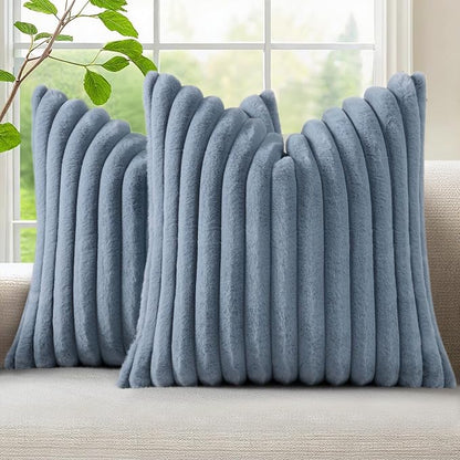 decorUhome Fall Faux Fur Throw Pillow Covers 22x22 Set of 2 Grey Blue | by decorUhome