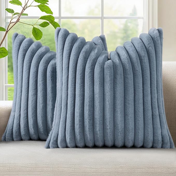decorUhome Fall Faux Fur Throw Pillow Covers 18x18 Set of 2 Grey Blue | by decorUhome