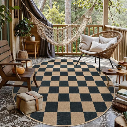 Lahome Checkered Easy Jute Outdoor Patio Area Rug 6ft Round, Washable Black | - Image 7