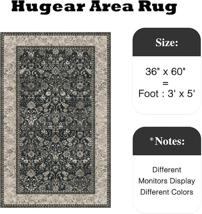 3x5 Black Beige Vintage Floral Washable Area Rug - Image 2