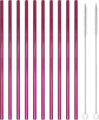 10 Pcs Stainless Steel Straws, Reusable Drinking Straws, Straight Metal Straw Sets with 2 Pcs Cleaning Brushes (8.5 Inch, Rose Red)
