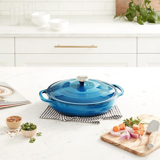 Lodge 3.6 Quart Enameled Cast Iron Casserole with Lid – Dual Handles – Oven Safe up to 500° F or on Stovetop - Use to Marinate, Cook, Bake, Refrigerate and Serve – Cornflower Blue