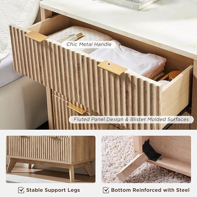 T4TREAM Fluted 3 Drawers Nightstand, Oversized Extra Large Modern Side Table - Image 6