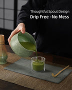ZENS Matcha Whisk Set, 15oz Ceramic Matcha Bowl with Spout and Bamboo Whisk, (Chasen Holder) Scoop & Tea Towel, 5pcs Matcha Kit for Matcha Ceremony, Emerald Green
