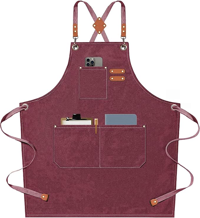 AFUN Chef Aprons for Men Women with Large Pockets, Cotton Canvas Cross Back Heavy Duty Adjustable Work Apron, Size M to XXL(Darkred)