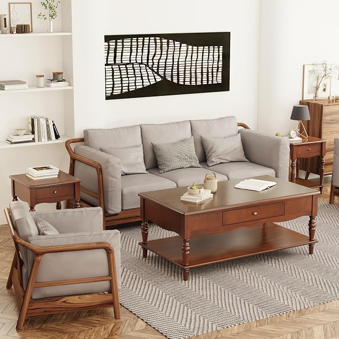 Mid-Century Modern Living Room Coffee Table Set, 3-Piece Solid Wood Living Room - Image 3